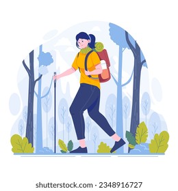 A woman hiking a mountain flat illustration