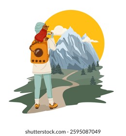 Woman hiking in the mountains with a bengal cat in a pet carrier backpack. Vector hand drawn cartoon illustration. Scene with a traveler and animal. Travel with your cat concept art.