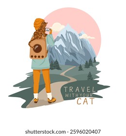 Woman hiking in the mountains with a bengal cat in a pet carrier backpack. Vector hand drawn cartoon illustration. Scene with a traveler and animal. Travel with your cat concept art.