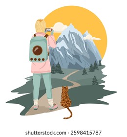 Woman hiking in the mountains with a bengal cat in a pet carrier backpack. Vector hand drawn cartoon illustration. Scene with a traveler and animal. Travel with your cat concept art.