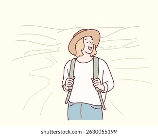 Woman Hiking in the Mountains Feeling Free. Hand drawn style vector design illustrations.