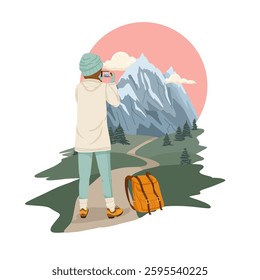 Woman hiking in the mountains. Girl taking a picture of a beautiful mountain view. Vector hand drawn flat illustration of a traveling girl. Woman with backpack standing and looking at nature