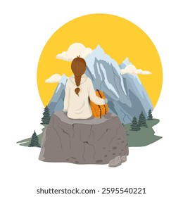 Woman hiking in the mountains. Vector hand drawn flat illustration of a traveling girl. Woman with backpack sitting on a stone and enjoying a beautiful mountain view.