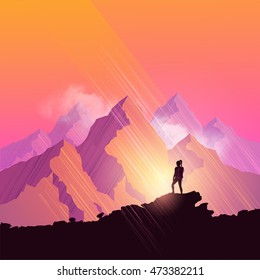 A woman hiking through a scenic mountain pathway stops to admire the view. Vector illustration