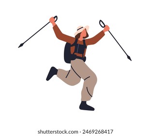 Woman hiking with trekking poles and backpack. Happy travel adventure. Female hiker, backpacker tourist climbing with sticks, enjoying holiday. Flat vector illustration isolated on white background