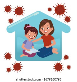 a woman and his daugther staying at home and spending time together by reading a book while they perform self quarantine because of a virus outbreak
