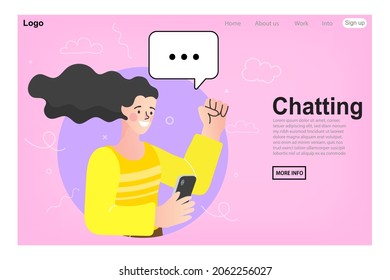 Woman with his phone with a chat message on a app holding it in his with a speech bubble out of the mobile device. impressed by media content from web. Vector flat style illustration.