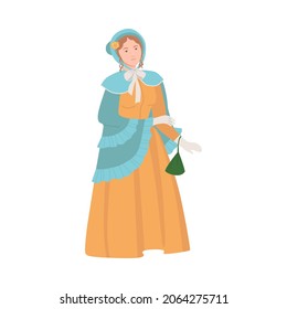 Woman in historical costume. Victorian woman in fashionable clothing cartoon vector illustration