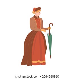 Woman in historical costume. Victorian people fashion cartoon vector illustration