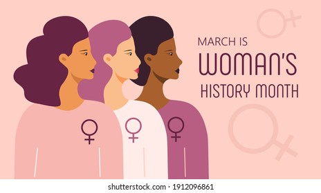 Woman history month concept vector on flat style. Event is celebrated in March in USA, United Kingdom, Australia. Girl power and feminism illustration for web, poster, banner. Diverse races society.