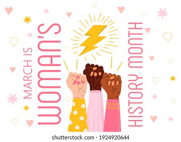 Woman history month concept vector on flat style. Event is celebrated in March in USA, United Kingdom, Australia. Girl power and feminism illustration for web, poster, banner. Diverse races society.