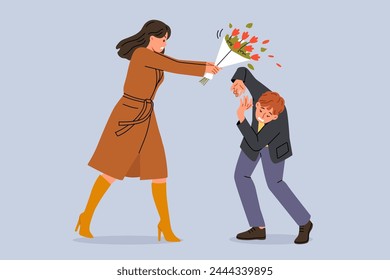 Woman hits groom with bouquet because of betrayal and finding out fact of adultery. Conflict between man and angry girlfriend, reacting negatively to advances or gifts, after adultery