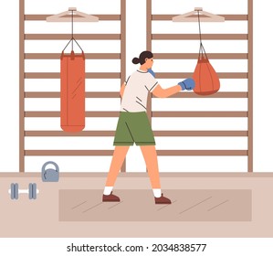 Woman hitting boxing punching bag with hand in gloves. Female fighter training in gym. Strength exercises, workout and practice of boxer. Flat vector illustration of athlete in sportswear working out