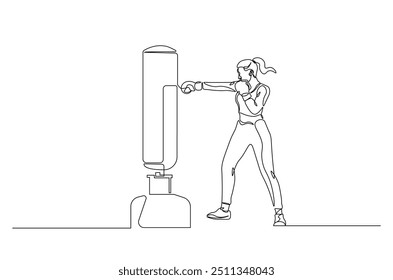 Woman hitting the heavy bag continuous one line drawing. Boxer training with the punchbag single line art illustration. Editable vector.