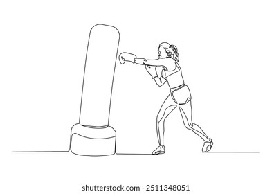 Woman hitting the heavy bag continuous one line drawing. Boxer training with the punchbag single line art illustration. Editable vector.