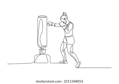 Woman hitting the heavy bag continuous one line drawing. Boxer training with the punchbag single line art illustration. Editable vector.