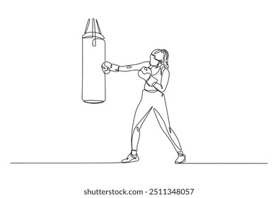 Woman hitting the heavy bag continuous one line drawing. Boxer training with the punchbag single line art illustration. Editable vector.