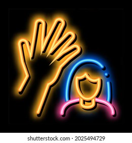 woman hitting neon light sign vector. Glowing bright icon woman hitting sign. transparent symbol illustration