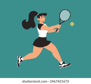 Una mujer golpeando una pelota de tenis con una raqueta, diseños de personajes, colores planos estilizados