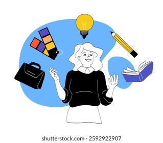 Woman with hobbies. Young girl near paints, briefcase, book, pencil and light bulbs. Different hobby and leisure. Creativity and art. Linear vector illustration