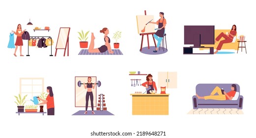 Woman hobby. Cartoon scenes with female character relaxing, gardening plants, reading book, cooking on kitchen, watching movie. Vector set of activity character scene fitness and hobby illustration