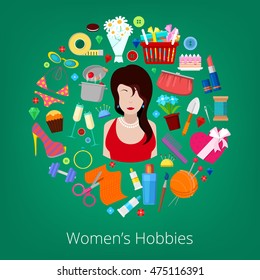 Woman Hobby Elements Set with Flowers, Cooking, Cosmetics and Fashion Accessories. Vector illustration