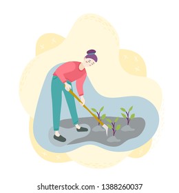 A woman with a hoe spuds seedlings on the field. Planting, harvesting, gardening. Season agriculture harvest work scene. Isolated flat trendy cartoon funny modern style Illustration for web and print