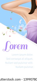 Woman Hold Arm Up and Showing Clean Underarms with Feathers and Petals. Laser Hair Removal Procedure, Spa Salon Service, Armpit Epilation, Promo Poster 3D Vector Realistic Illustration Vertical Banner