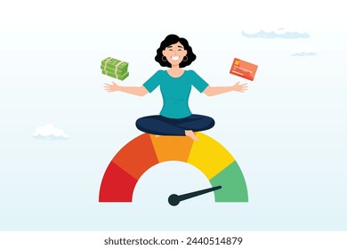 Woman hold banknote and credit card sit above credit gauge at good rating, credit score for credit card spending with sufficient cash to pay debt create excellent personal financial plan (Vector)