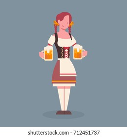 Woman Hold Beer Mug Wearing Traditional German Clothes Oktoberfest Waitress Fest Concept Flat Vector Illustration