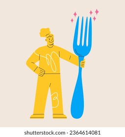 Woman hold big fork. Colorful vector illustration 