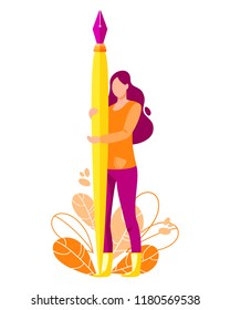 Woman hold big fountain pen. Writer vector illustration. Flat cartoon character concept design for bloggers, journalists, interviewer, copywriters