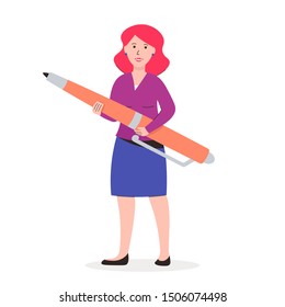 Woman hold big fountain pen. Writer flat modern cartoon character. Vector illustration.