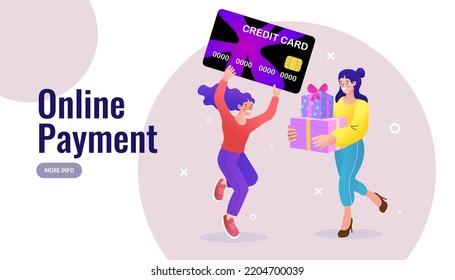 Woman hold a big gift voucher card with group of shopping bags. Customers getting gift card. Vector illustration for sale, loyalty program, bonus, promotion concept.