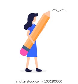 Woman Hold Big in Hand Pencil Writer Stationery. Female Author or Blogger Character with Office Supplies. Creative Girl Editor Carry Pen, Write Note. Cartoon Flat Vector Illustration