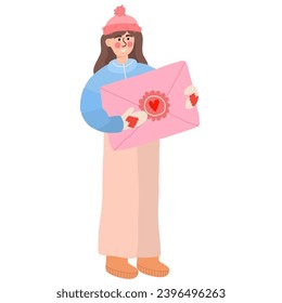 Woman hold a big love letter. Woman receiving love letter. Valentine's day concept.