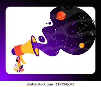 Woman hold a big megaphone vector illustration. Character design for social media marketing and advance in flat style