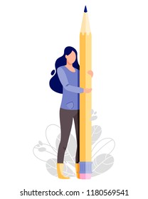 Woman hold big pencil. Writer vector illustration. Flat cartoon character concept design for bloggers, journalists, interviewer, copywriters