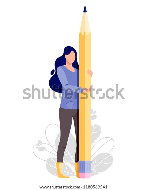女は大きな鉛筆を持つ ライターのベクターイラスト ブロガー ジャーナリスト 面接官 コピーライター向けの 漫画のキャラクターコンセプトデザイン のベクター画像素材 ロイヤリティフリー