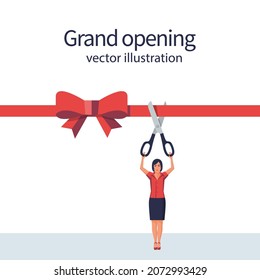 Woman is hold big scissors cutting red ribbon. Isolated on white background. Grand opening concept. Vector illustration flat design. Template ceremony, celebration, presentation and event.