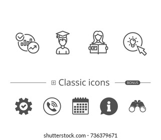 Woman hold book, Charts and Idea line icons. Bachelor or Master, Education and Instructions signs. Information speech bubble sign. And more signs. Editable stroke. Vector