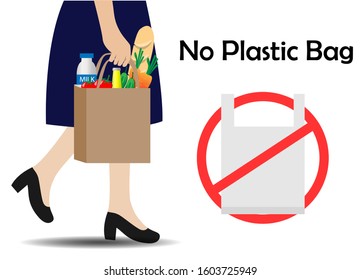 Woman hold brown paper bag full with grocery products and no plastic bag sign. Isolated on white background. Vector Illustration. Idea for reducing plastic campaign to save world and environment.