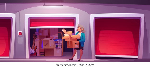 Woman hold and carry cardboard boxes with home stuff near self storage container. Cartoon vector small storehouse space with red gate and pile of personal belongings in carton packages inside.