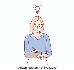 woman hold check-list think start-up strategy plan. Hand drawn style vector design illustrations.