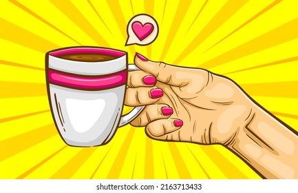 Woman hold coffee mug cartoon hand draw illustration 