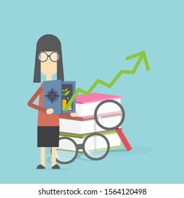 Woman hold coin safe with economics book for financial concept
