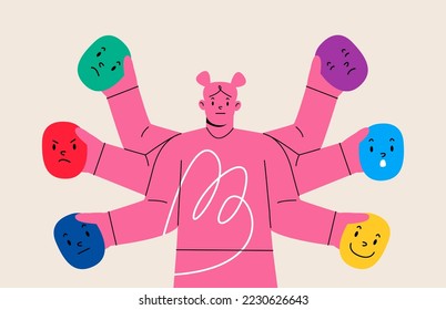 Woman hold different emotional masks. Mental disorder. Colorful vector illustration
