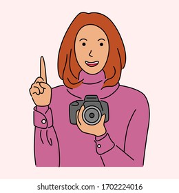 Woman hold digital camera. Cartoon vector illustration