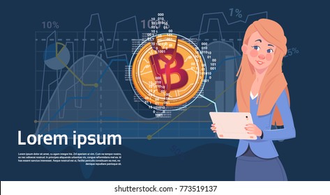 Woman Hold Digital Tablet Golden Bitcoin Modern Currency Crypto Web Charts And Graphs Background Vector Illustration