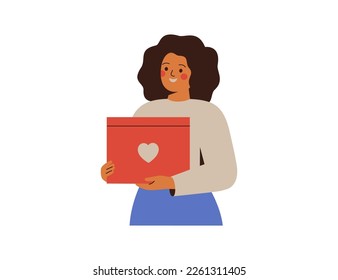 Woman hold donation box with heart symbol. Female Volunteer with Humanitarian help for Charity. Support and care concept. Vector illustration